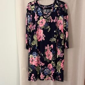 Honeyme Navy Long-Sleeve Dress with Pink Floral Print